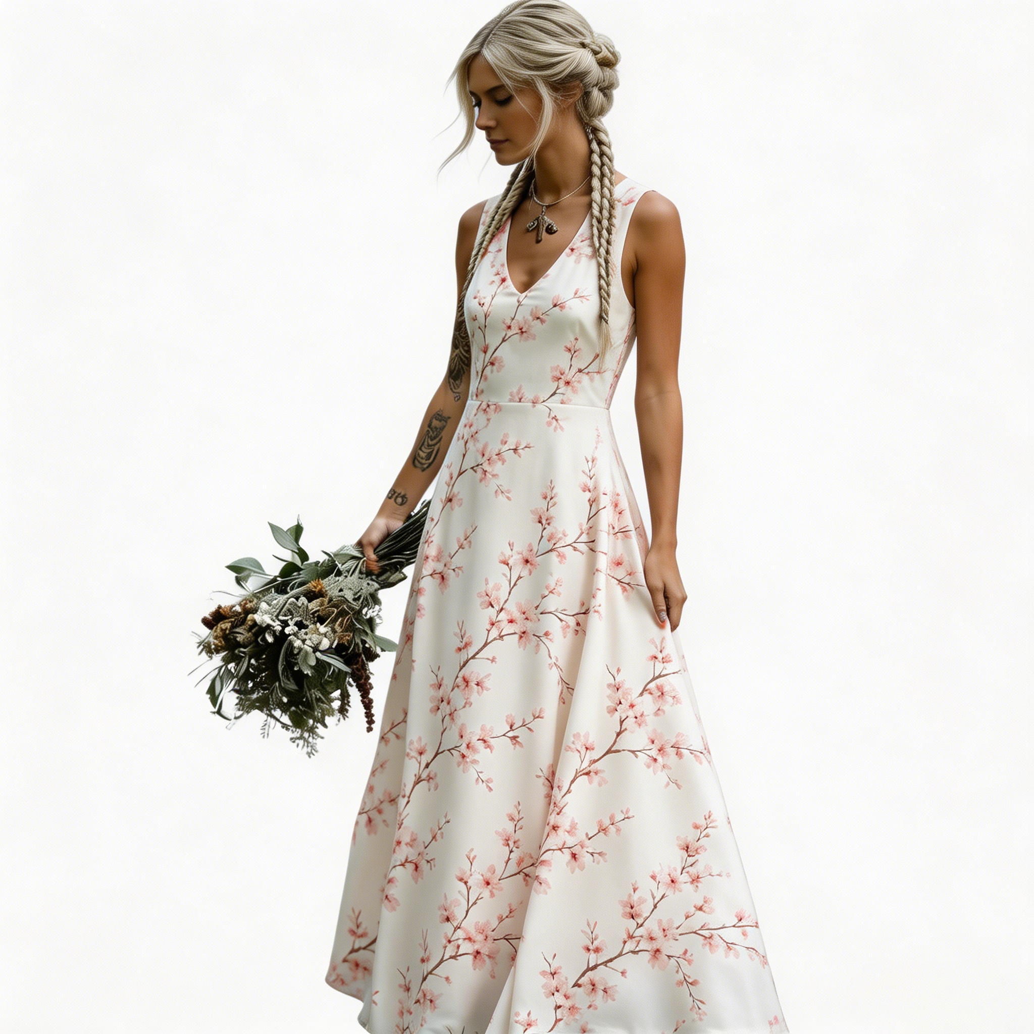 Women's Ivory Cherry Blossom Print Maxi Dress Sleeveless V Neck A Line Flowy Boho Wedding Guest Vacation Dress