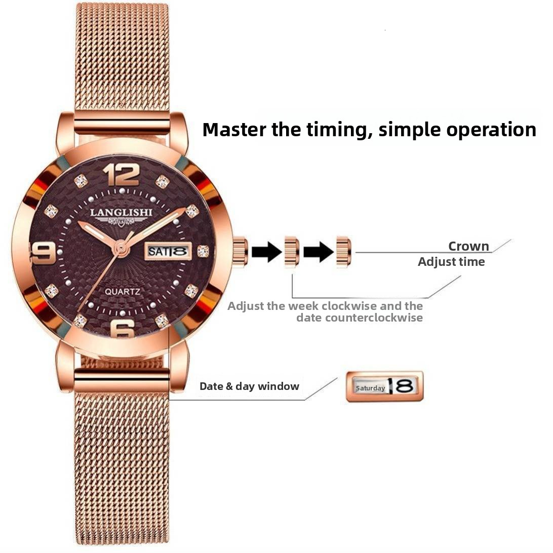 LLS Swiss Style Luxury Womens Slim Quartz Watch Designer Wristwatch Day Date Waterproof Luminous Fashion Elegant Modern Timepiece