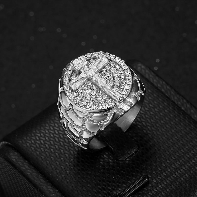 New Hip Hop Style Steel Vacuum Gold Plated Rhinestone Cross Mens Ring 260518