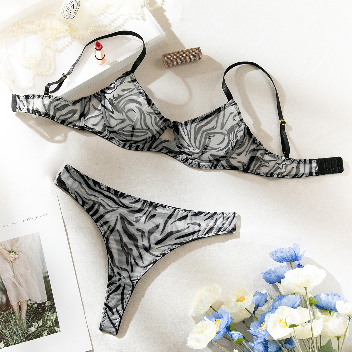 Bras Sets Leopard Printed Underwire Bra And Panty Set Women Sexy Lingerie Transparent Push Up Outfit Lace Underwear