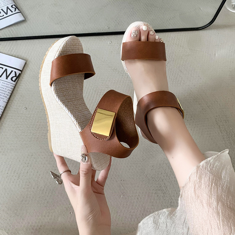 Womens Black Wedge Sandals With Gold Buckle Fashion Gifts Open Toe For Summer Casual Daily Wear