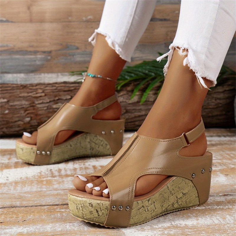 Womens Fashion Gifts Black Studded Wedge Sandals Open Toe With Cork Sole For Summer Casual Beach Wear - view 4