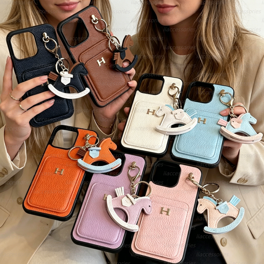 Luxury phone caseNew Card Slot + Rocking Horse iPhone 17 Lychee Texture Genuine Leather Feel Compatible with Samsung S25 Protective Case