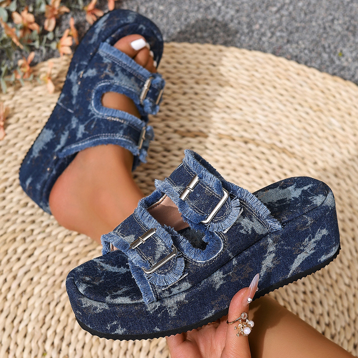 Hot Sale 2026 Big Men's Denim Clogs Summer Platform Sandals Adjustable Buckle Strap Extra Wide Slippers for Swollen Feet Outdoor 36-43