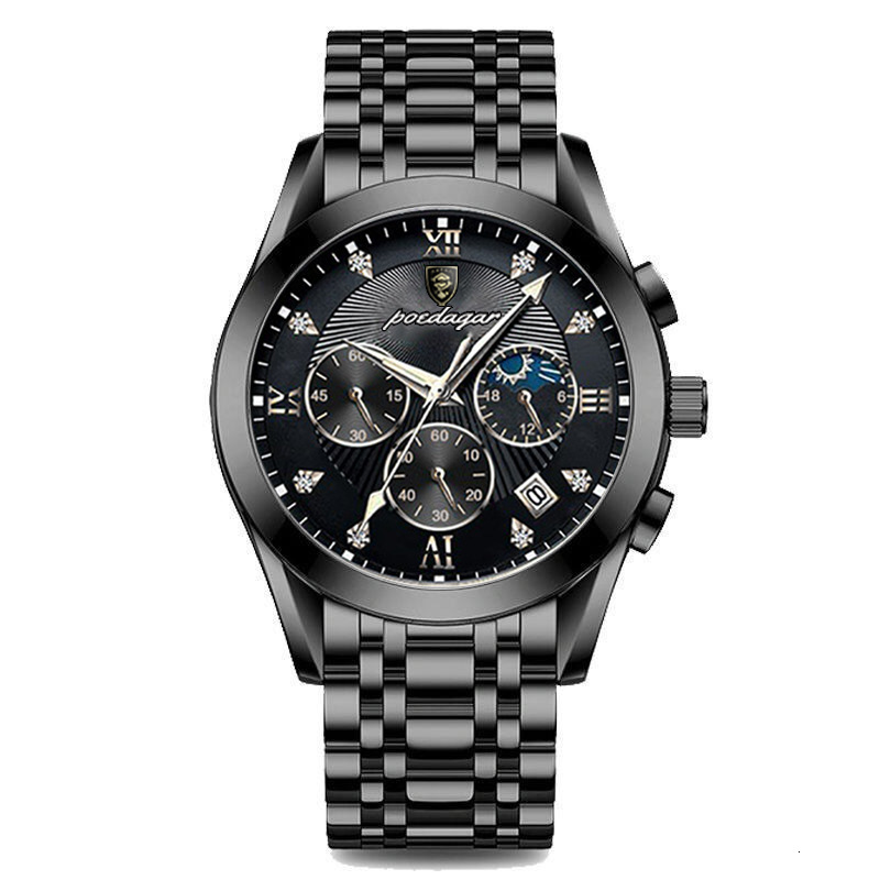 POEDAGAR Men's Multi Function Chronograph Quartz Watch Designer Wristwatch Leather Steel Strap Moon Phase Diamond Waterproof Luminous Business Ca