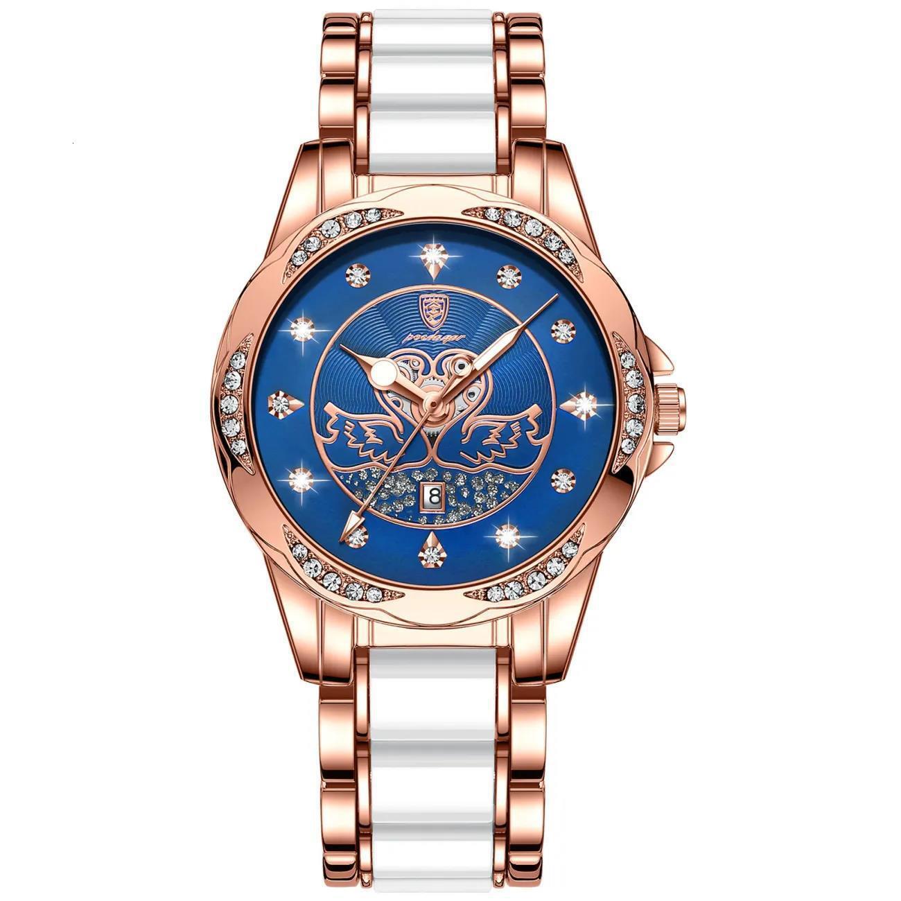 Quartz Ladies POEDAGAR Watch Luxury Ceramic TwoTone Designer Wristwatch Swan Cutout Dial Bezel Rhinestone Date Display Waterproof Fashion Glam Timepie