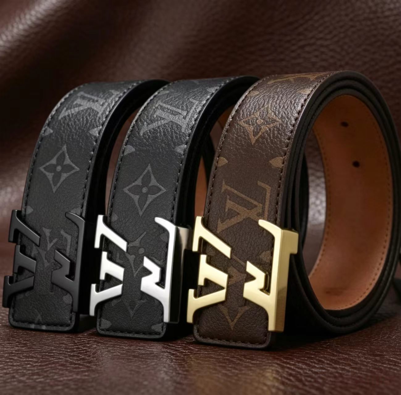 Luxury Designer Leather Belt for Men Classic Monogram Pattern Waist Belt with Metal Letter Buckle Business Casual Adjustable Dress Belt for Jeans