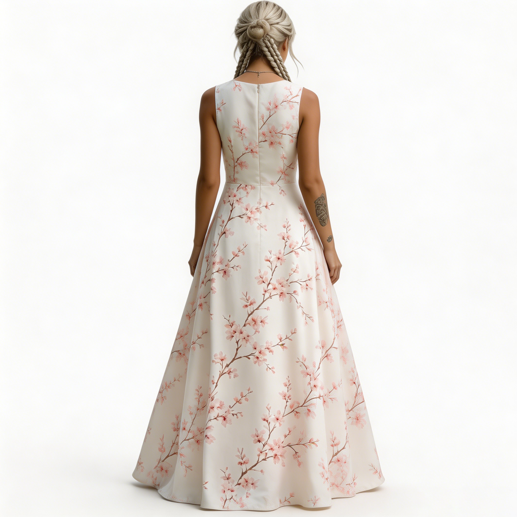 Women's Ivory Cherry Blossom Print Maxi Dress Sleeveless V Neck A Line Flowy Boho Wedding Guest Vacation Dress