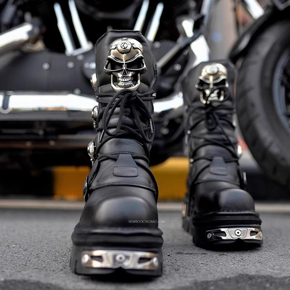 Designer shoe Top Layer Cowhide Handmade Skull Punk High Tube Men Harley Davidson Metal Motorcycle Fashion Gifts Thick Sole Couple - view 3