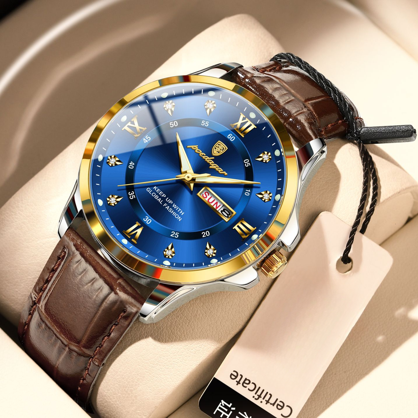 POEDAGAR Luxury Men's Leather Strap Dual Calendar Quartz Watch Designer Wristwatch Diamond Inlay Roman Numeral Waterproof Luminous Student Busine