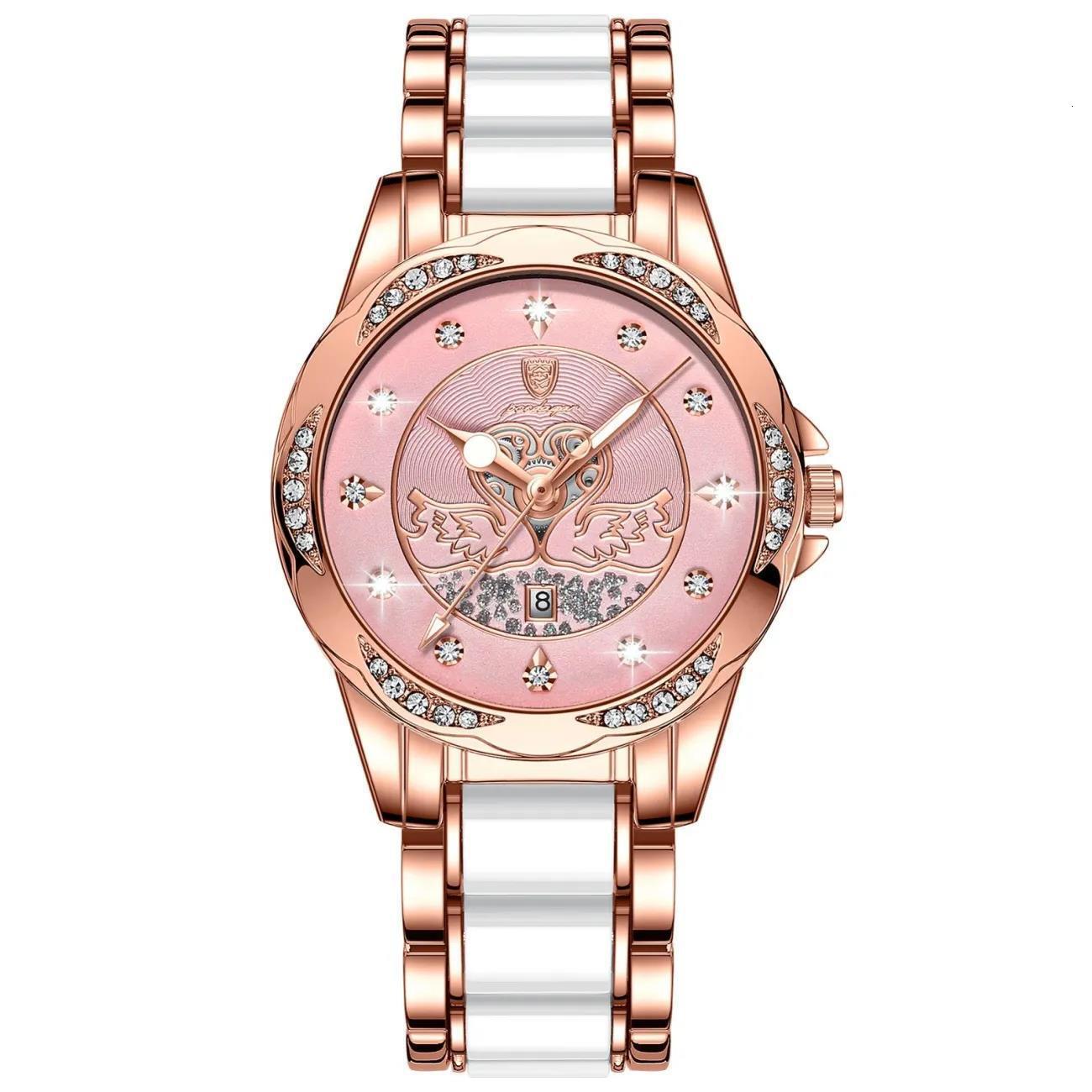 Quartz Ladies POEDAGAR Watch Luxury Ceramic TwoTone Designer Wristwatch Swan Cutout Dial Bezel Rhinestone Date Display Waterproof Fashion Glam Timepie