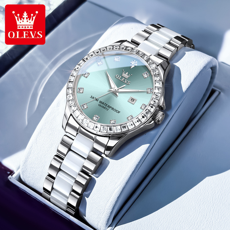 OLEVS Luxury Womens Designer Watch Diamond Bezel Ceramic and Stainless Steel Strap Mother of Pearl Dial Date Display Waterproof Quartz Wristwatch for 