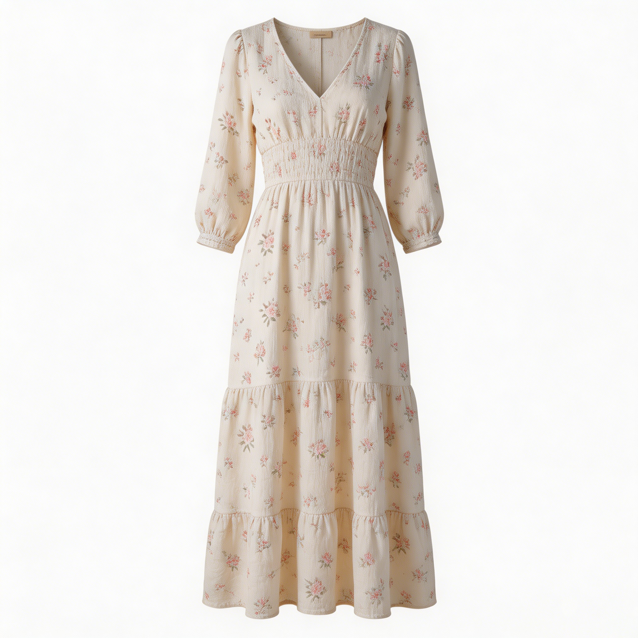 Women's Cream Ditsy Floral Tiered Maxi Dress Deep V Neck Long Sleeve High Waist Boho Casual Vacation Dress