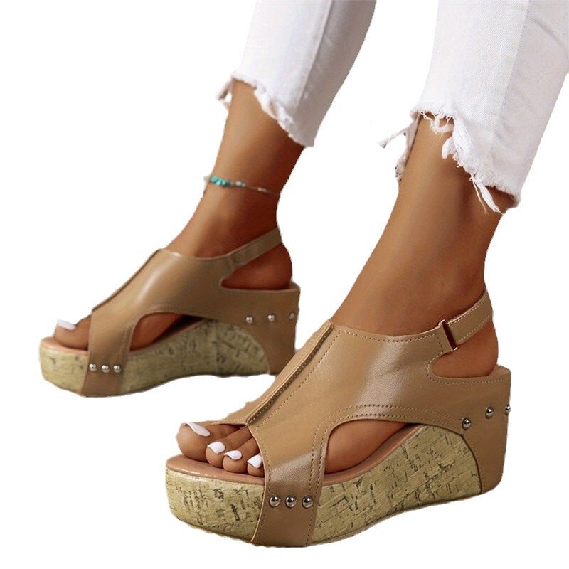 Womens Fashion Gifts Black Studded Wedge Sandals Open Toe With Cork Sole For Summer Casual Beach Wear - view 6