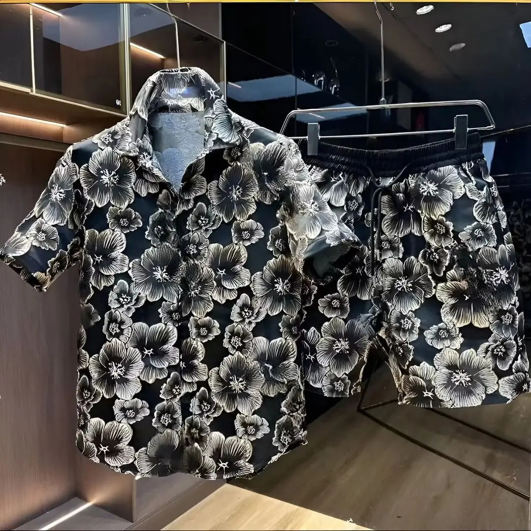 Ethnic Style Embossed Gold Flower Short Sleeve Shirt and Shorts Set 260529