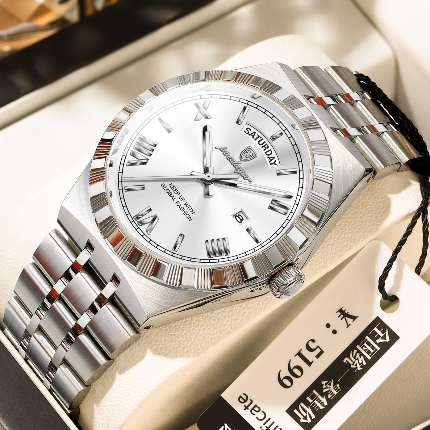 2026 Men's POEDAGAR Steel Designer Fluted Stainless Bezel Roman Numeral Quartz Watch Luxury Waterproof Luminous Business Casual Wristwatch