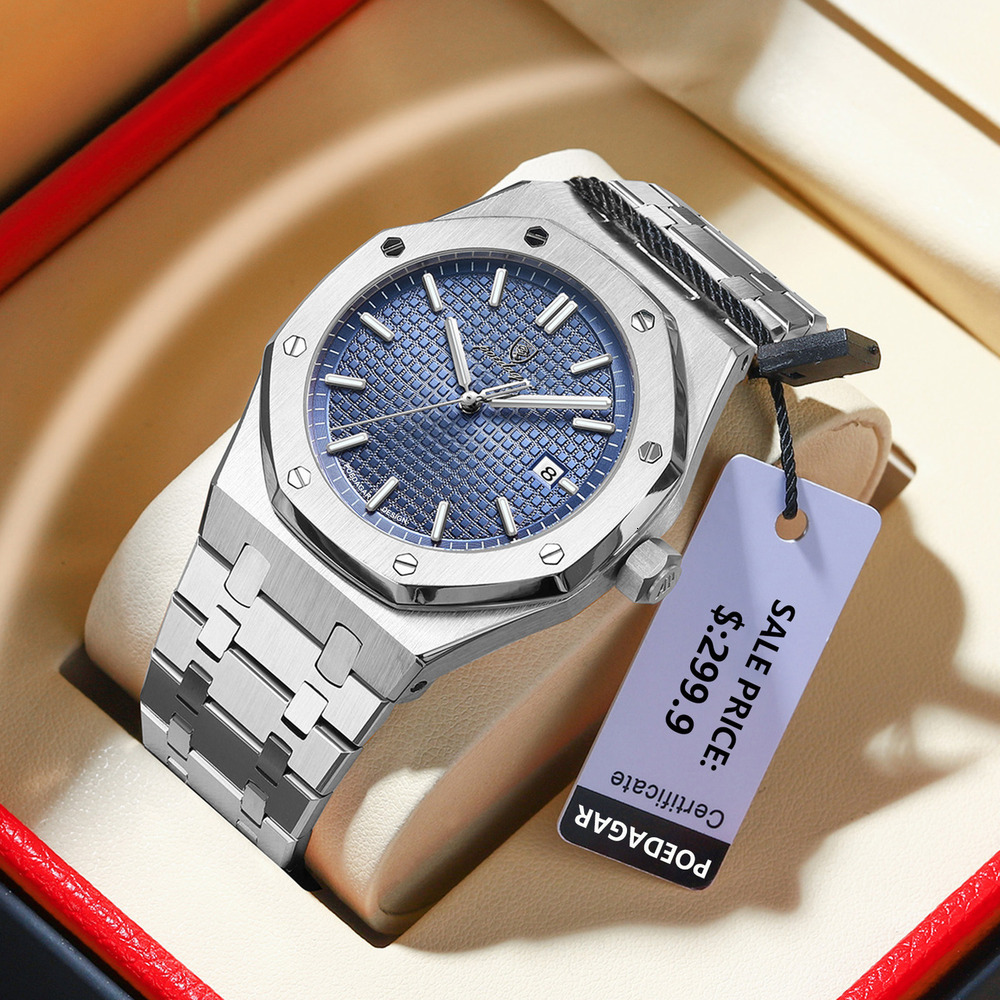 Steel Mens Octagonal Luxury Sapphire POEDAGAR Stainless Glass Grid Dial Designer Wristwatch Waterproof Business Casual Quartz Watch