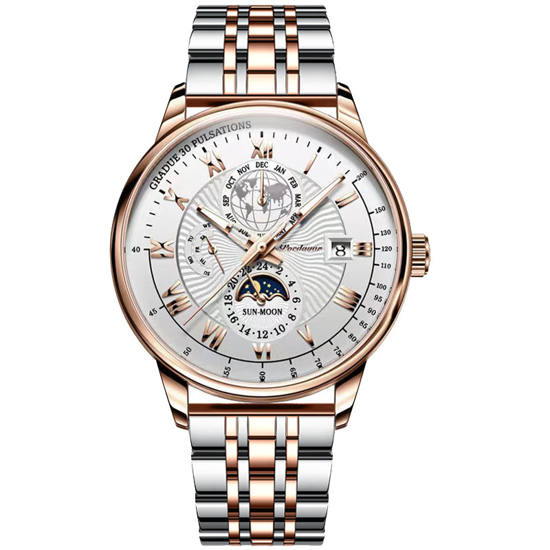 Steel Stainless POEDAGAR Luxury Men's Skeleton 2026 Moon Phase Chronograph Quartz Watch Designer Wristwatch Waterproof Luminous Business Calendar