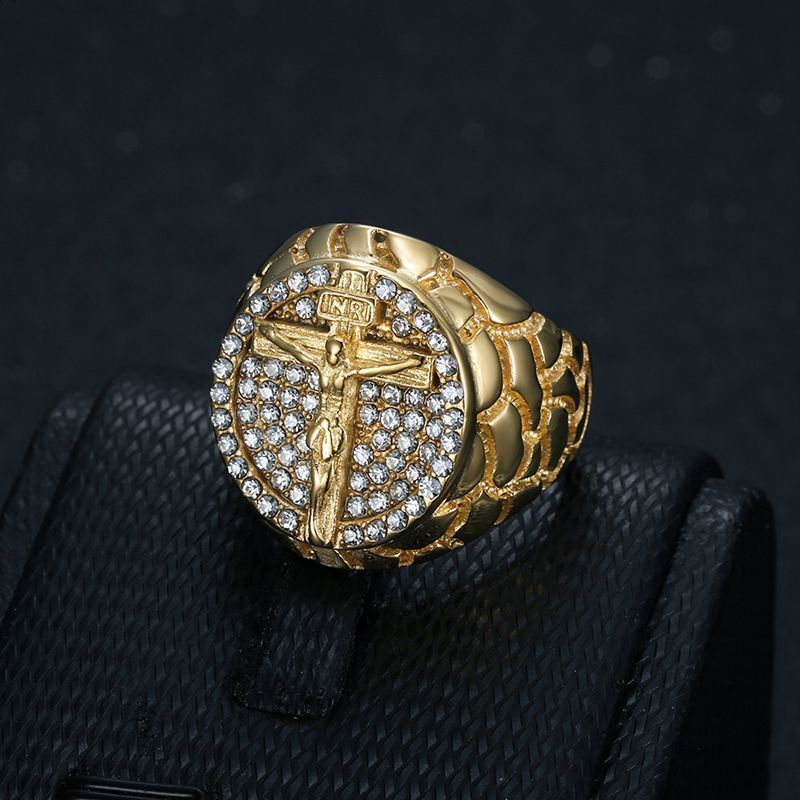 New Hip Hop Style Steel Vacuum Gold Plated Rhinestone Cross Mens Ring 260518