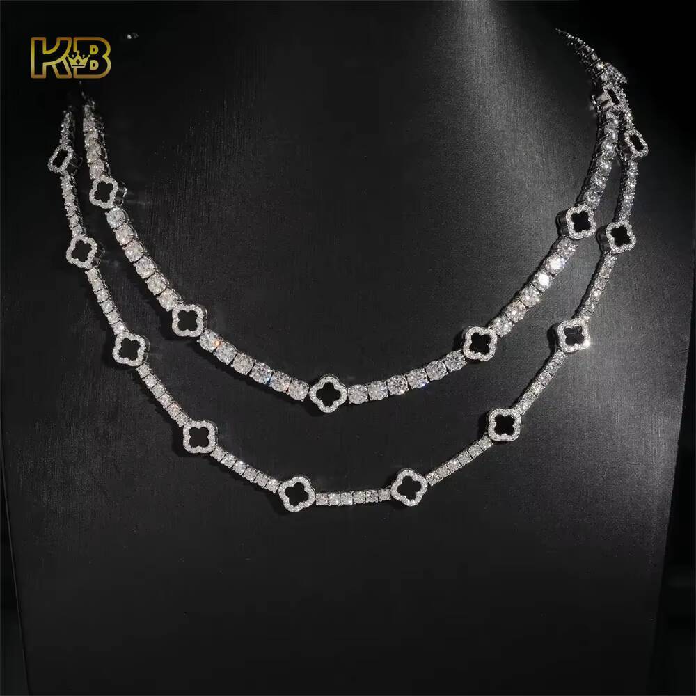 Iced Out 3mm 5mm 925 Silver Moissanite Diamond Tennis Necklace with Fourleaf Clover Design Fashion Tennis Jewelry for Men Women