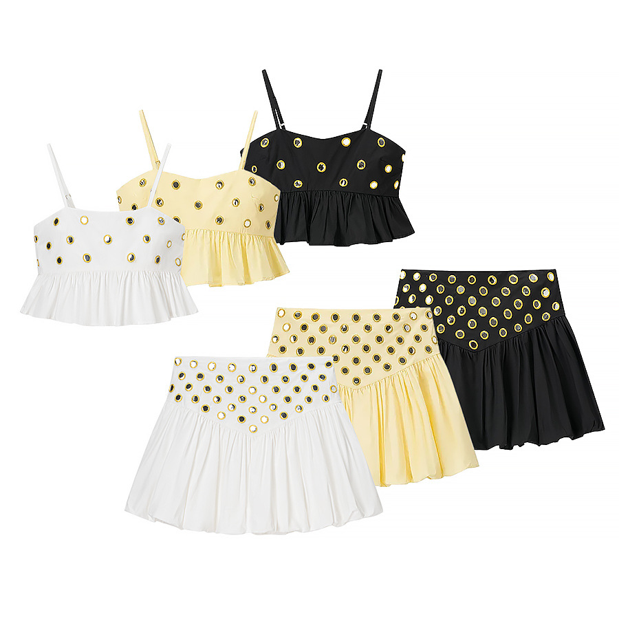 Summer 2026 2Pcs Set Metal Decor Ruched Cami Top & Mini Skirt Women Party Streetwear