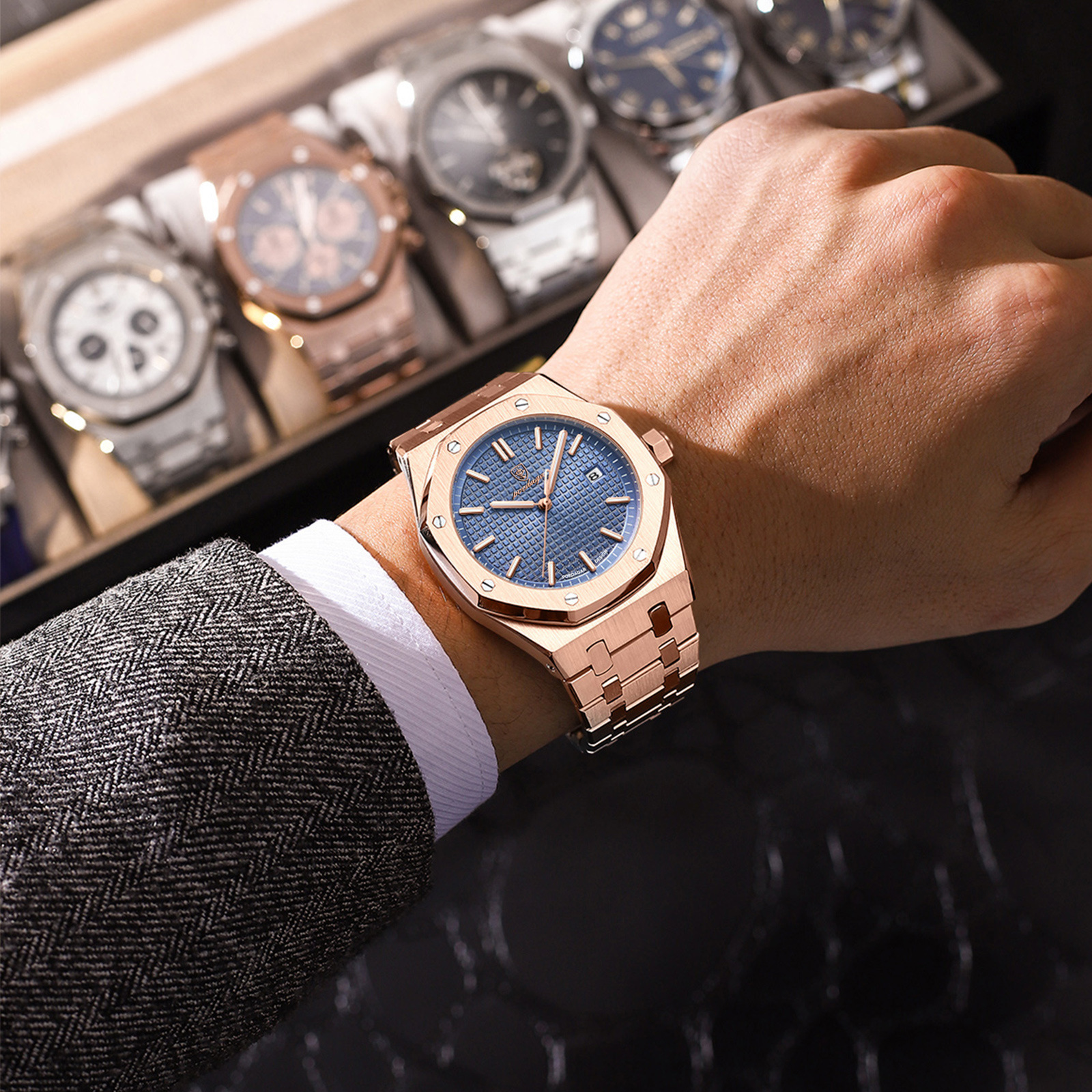 Steel Mens Octagonal Luxury Sapphire POEDAGAR Stainless Glass Grid Dial Designer Wristwatch Waterproof Business Casual Quartz Watch