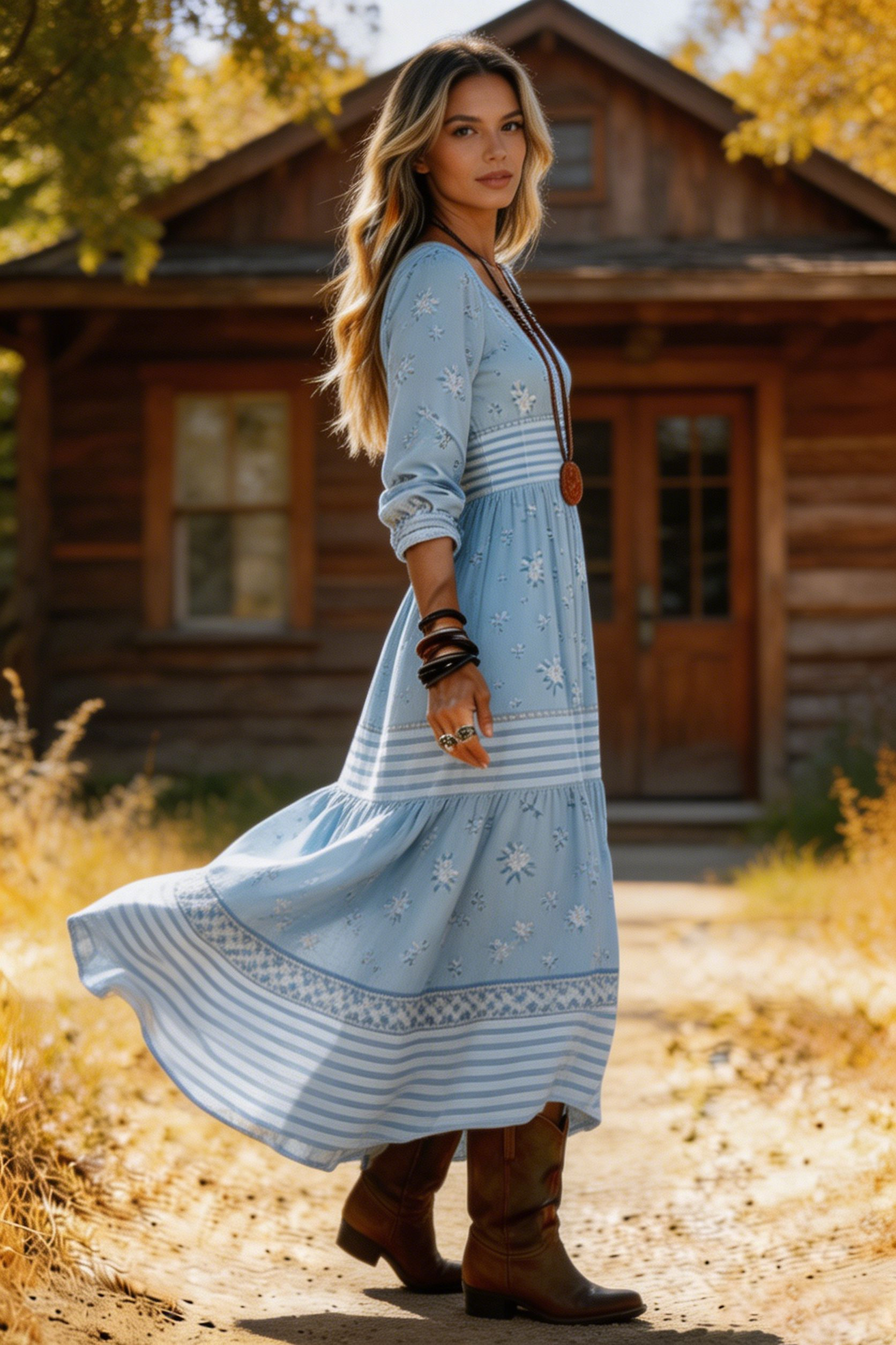 Women's V Neck Long Sleeve Boho Dress Mixed Floral & Striped Print Tiered Ruffled Cake Dress Casual Retro Maxi Dress