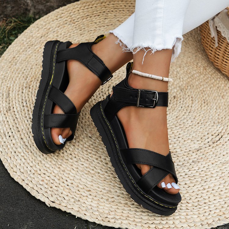 Designer shoe 2026 Summer New Thick-Soled One-Strap Cross Solid Color Buckle Large Size Hollow Roman Beach Fashion Gifts Sandals for Women In Stock