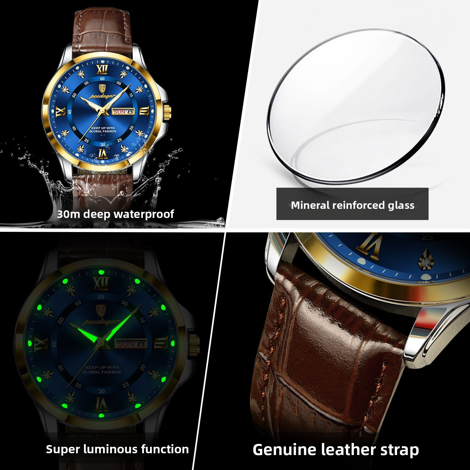 POEDAGAR Luxury Men's Leather Strap Dual Calendar Quartz Watch Designer Wristwatch Diamond Inlay Roman Numeral Waterproof Luminous Student Busine