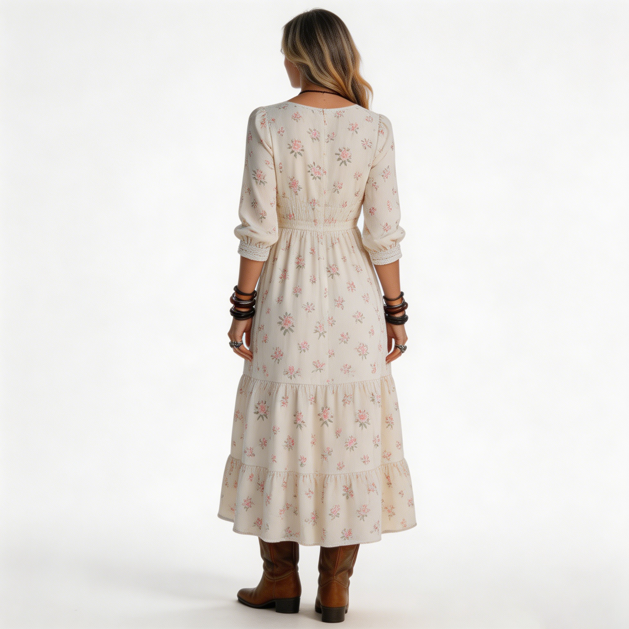 Women's Cream Ditsy Floral Tiered Maxi Dress Deep V Neck Long Sleeve High Waist Boho Casual Vacation Dress