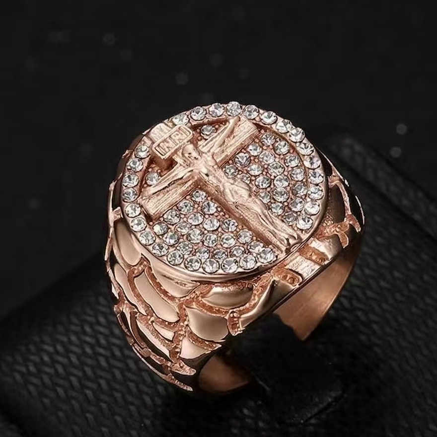 New Hip Hop Style Steel Vacuum Gold Plated Rhinestone Cross Mens Ring 260518