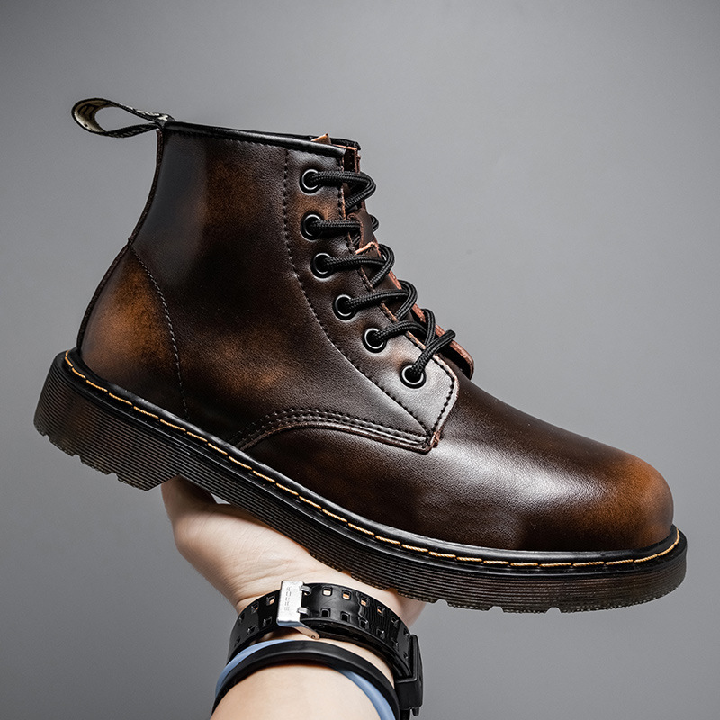 Designer shoe Plus Size Martin Autumn Winter Couple High-Top Trendy Shoes British Style Black Leather Men's Mid-Top Work Boots