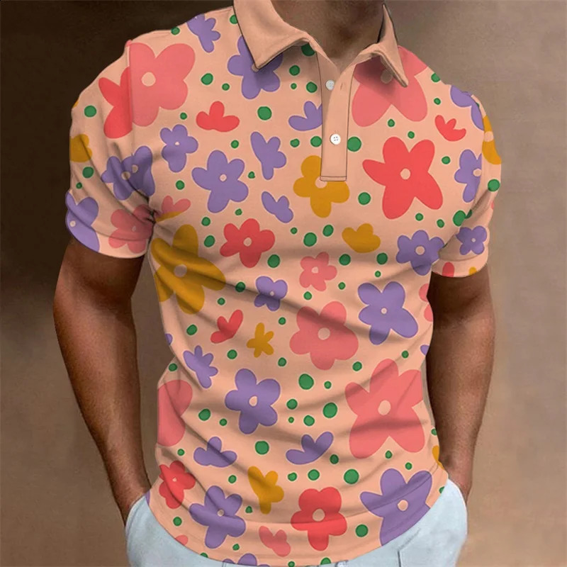 Mens Polo Shirt Summer Casual Short Sleeve Flower Print Buttons Polo Shirts Tops Fashion Pullover Tshirts Male Golf Wear 260529 - view 6