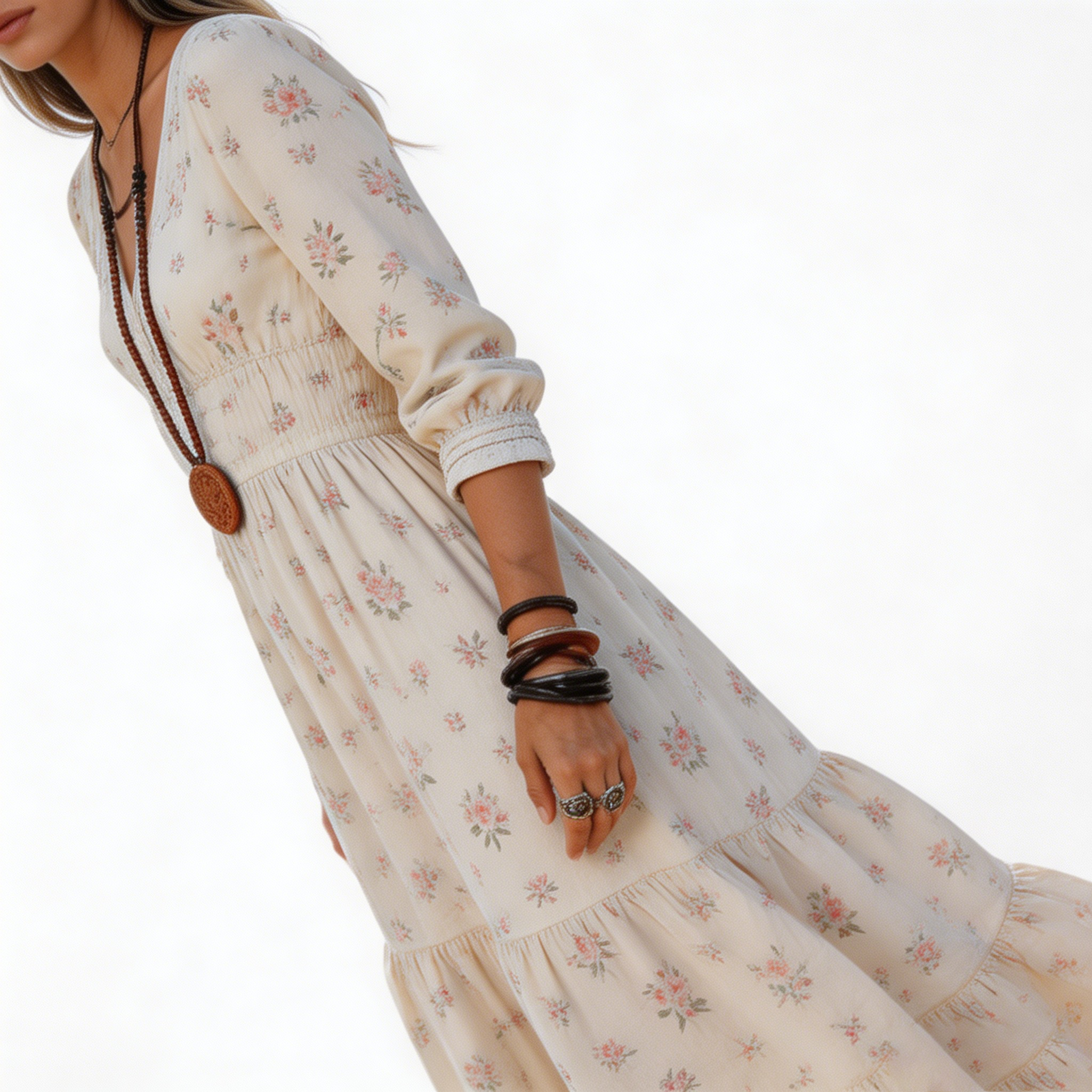 Women's Cream Ditsy Floral Tiered Maxi Dress Deep V Neck Long Sleeve High Waist Boho Casual Vacation Dress