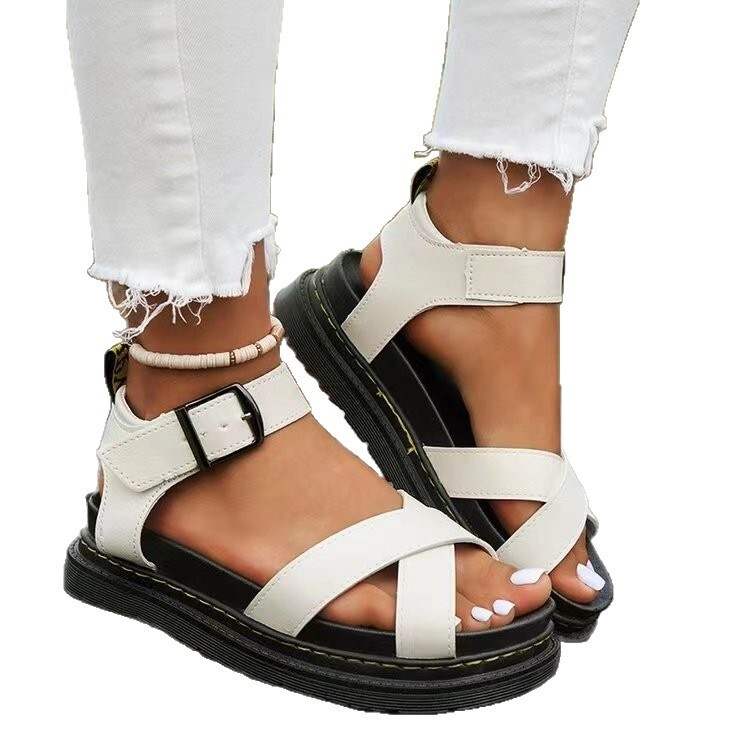 Designer shoe 2026 Summer New Thick-Soled One-Strap Cross Solid Color Buckle Large Size Hollow Roman Beach Fashion Gifts Sandals for Women In Stock - view 6