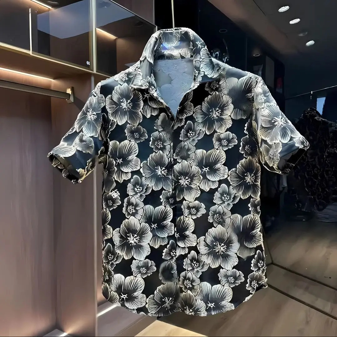 Ethnic Style Embossed Gold Flower Short Sleeve Shirt and Shorts Set 260529 - view 5