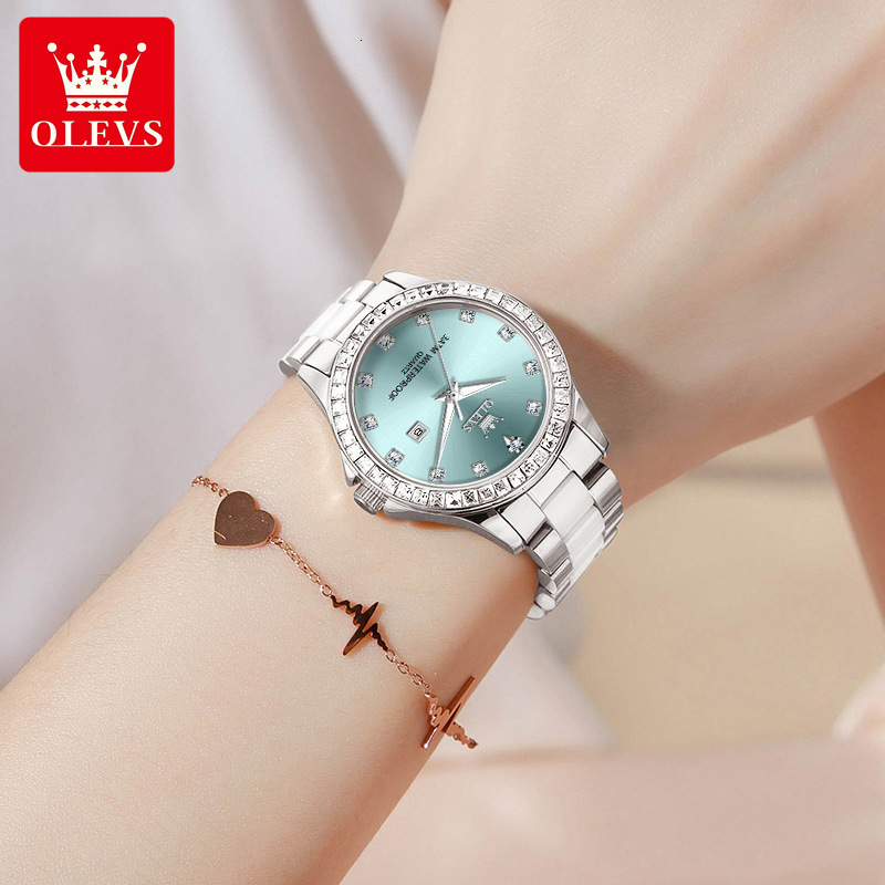 OLEVS Luxury Womens Designer Watch Diamond Bezel Ceramic and Stainless Steel Strap Mother of Pearl Dial Date Display Waterproof Quartz Wristwatch for 
