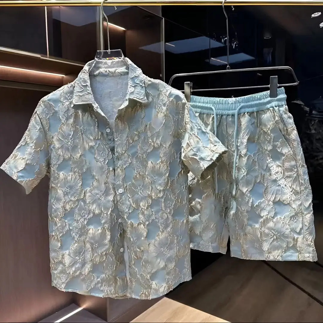 Ethnic Style Embossed Gold Flower Short Sleeve Shirt and Shorts Set 260529 - view 4