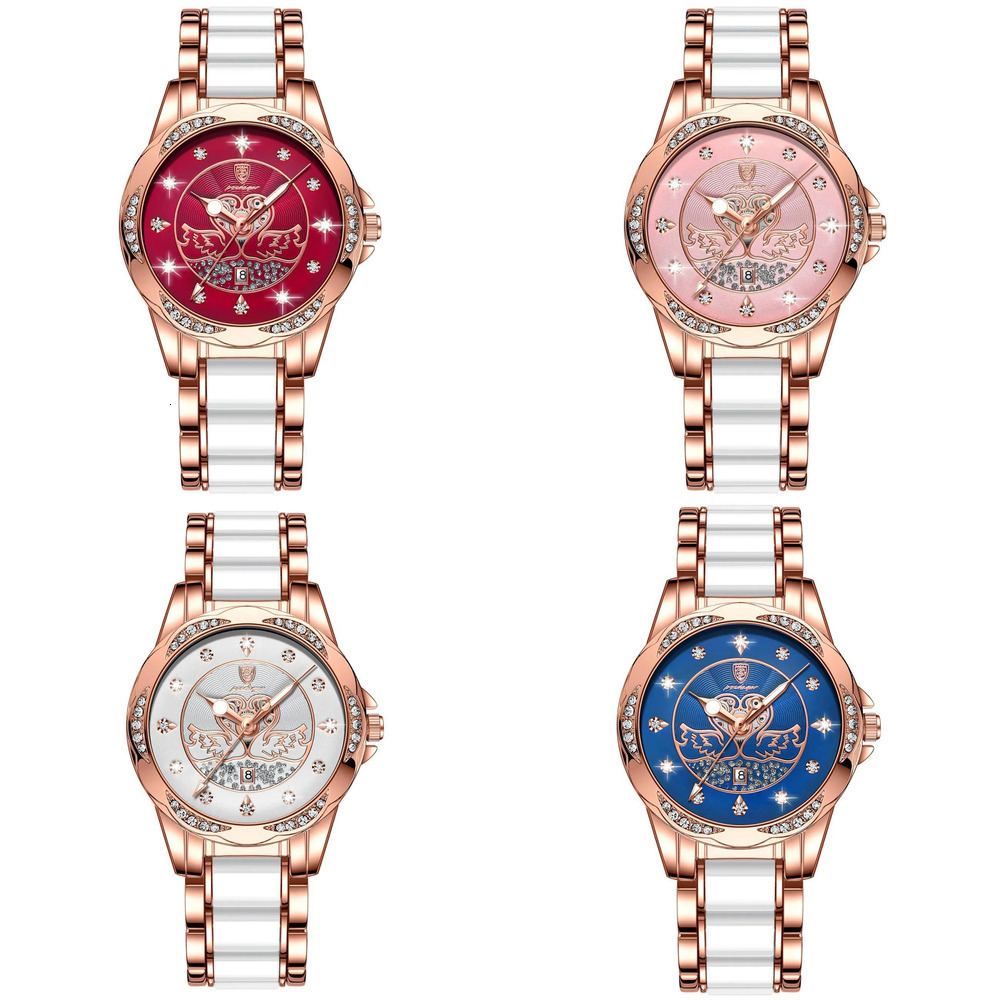 Quartz Ladies POEDAGAR Watch Luxury Ceramic TwoTone Designer Wristwatch Swan Cutout Dial Bezel Rhinestone Date Display Waterproof Fashion Glam Timepie