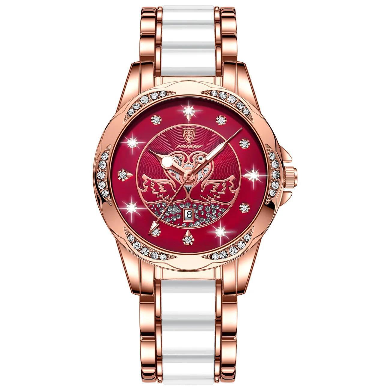 Quartz Ladies POEDAGAR Watch Luxury Ceramic TwoTone Designer Wristwatch Swan Cutout Dial Bezel Rhinestone Date Display Waterproof Fashion Glam Timepie