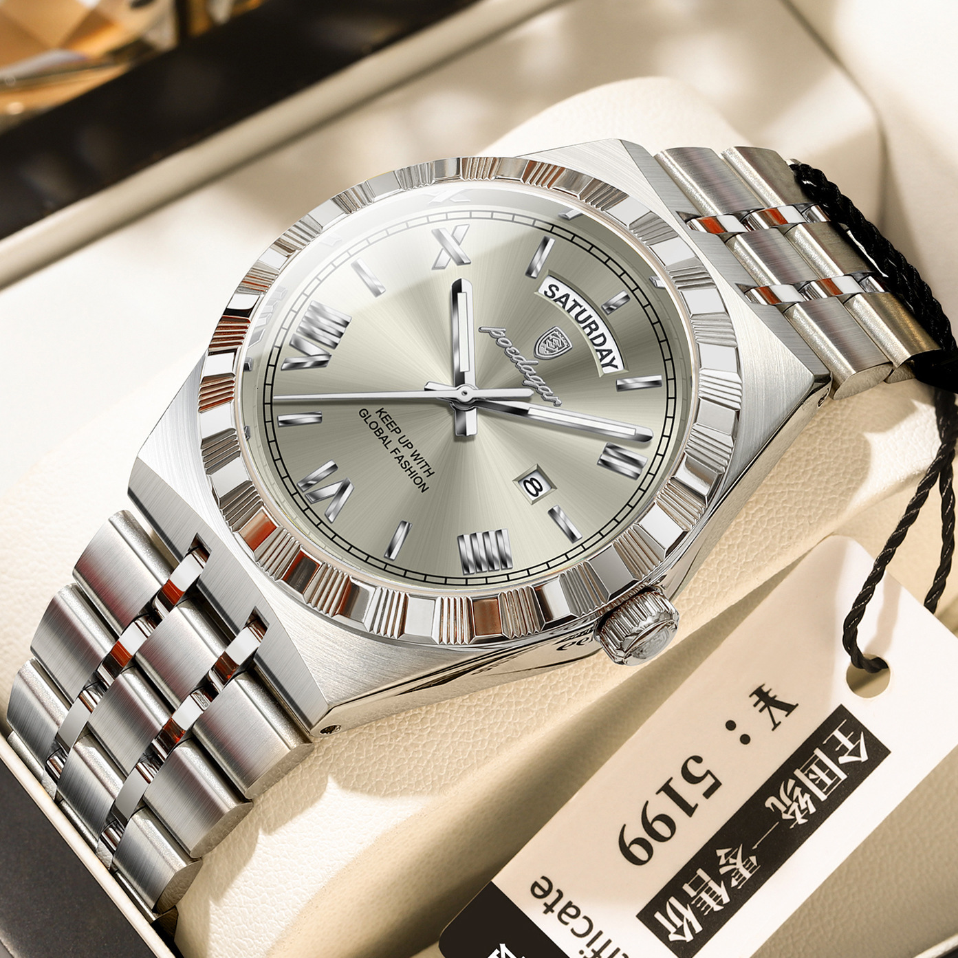 2026 Men's POEDAGAR Steel Designer Fluted Stainless Bezel Roman Numeral Quartz Watch Luxury Waterproof Luminous Business Casual Wristwatch