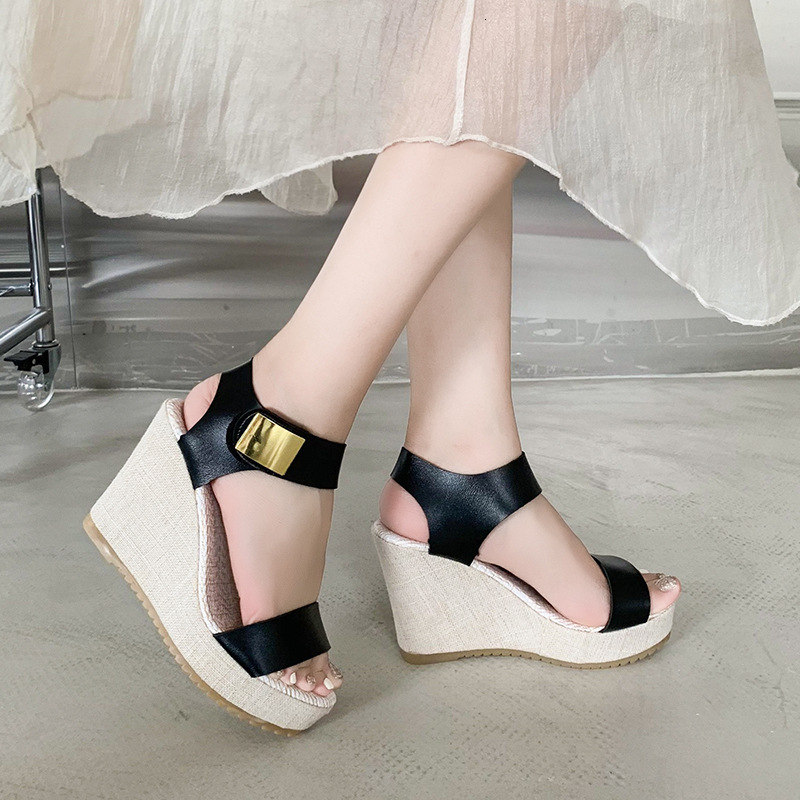 Womens Black Wedge Sandals With Gold Buckle Fashion Gifts Open Toe For Summer Casual Daily Wear - view 4