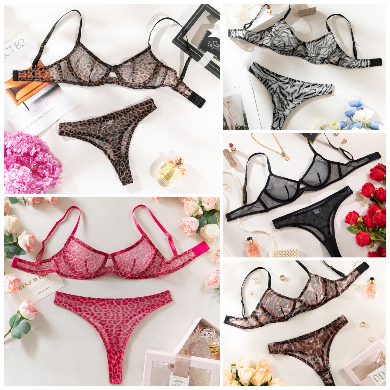 Bras Sets Leopard Printed Underwire Bra And Panty Set Women Sexy Lingerie Transparent Push Up Outfit Lace Underwear