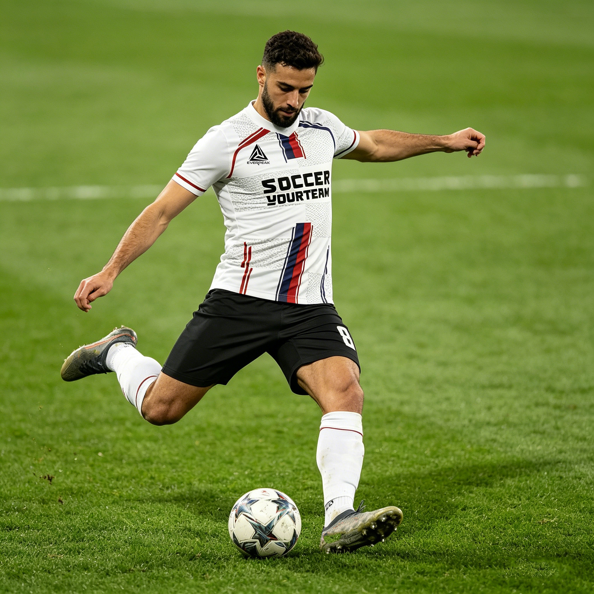 Custom Soccer Jersey Set Men White with Red Blue Vertical Stripe Football Uniform with Shorts Personalized Name Number Breathable Quick Dry Kit - view 5