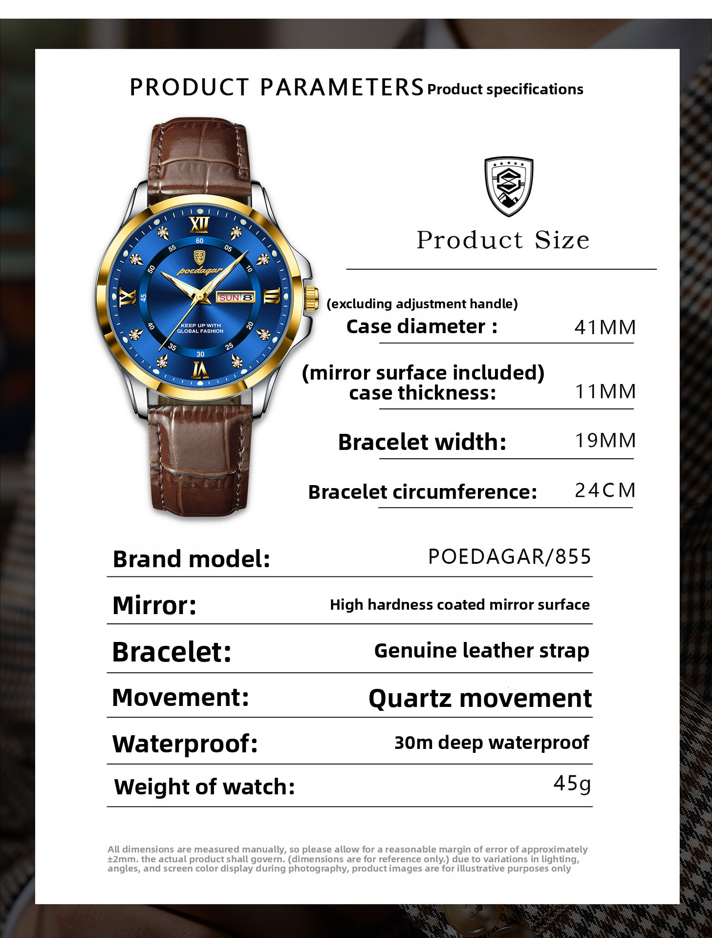 POEDAGAR Luxury Men's Leather Strap Dual Calendar Quartz Watch Designer Wristwatch Diamond Inlay Roman Numeral Waterproof Luminous Student Busine
