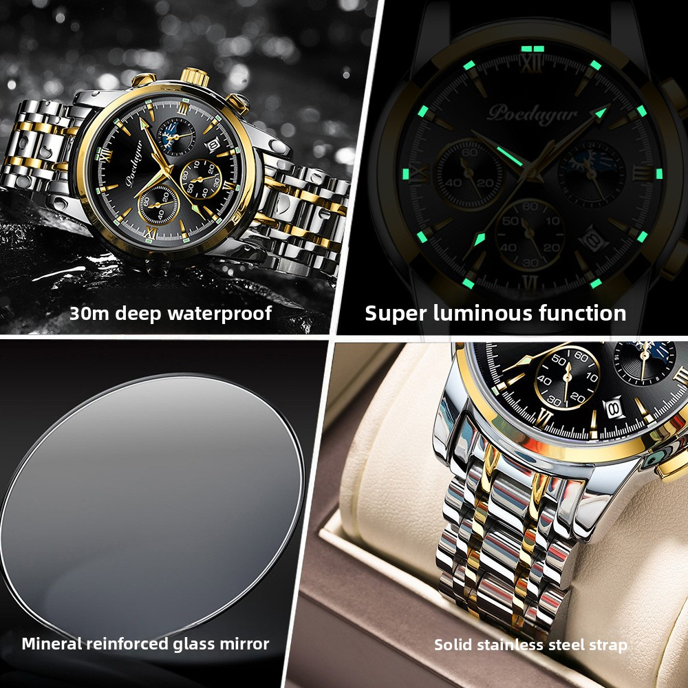 Multi Mens Chronograph Luxury 2026 POEDAGAR Strap Moon Phase Designer Wristwatch Fashion Waterproof Luminous Business Casual Quartz Watch