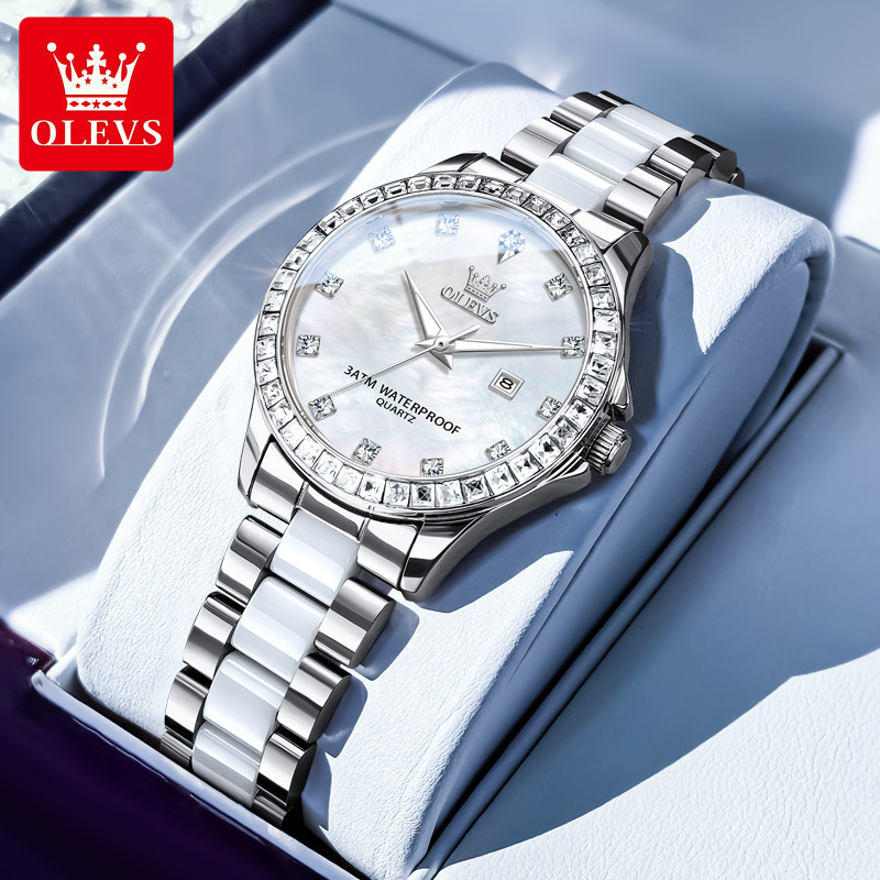 OLEVS Luxury Womens Designer Watch Diamond Bezel Ceramic and Stainless Steel Strap Mother of Pearl Dial Date Display Waterproof Quartz Wristwatch for 