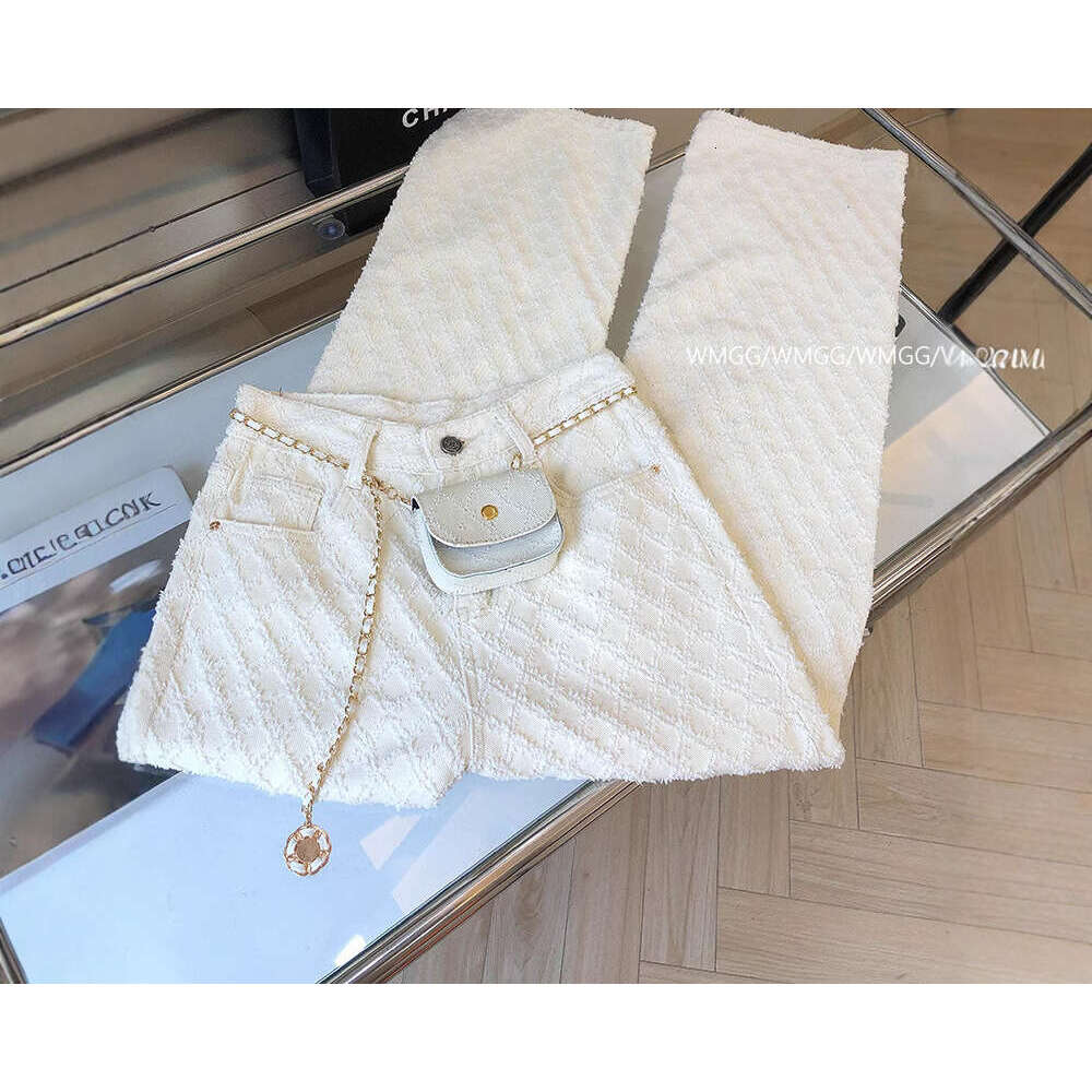 Stylish Chan Inspired Plaid White Straight-Leg Jeans For Women, Spring/Summer, Loose-Fitting, Slimming, Wide-Leg, Floor-Length Pants Makoufei - view 3