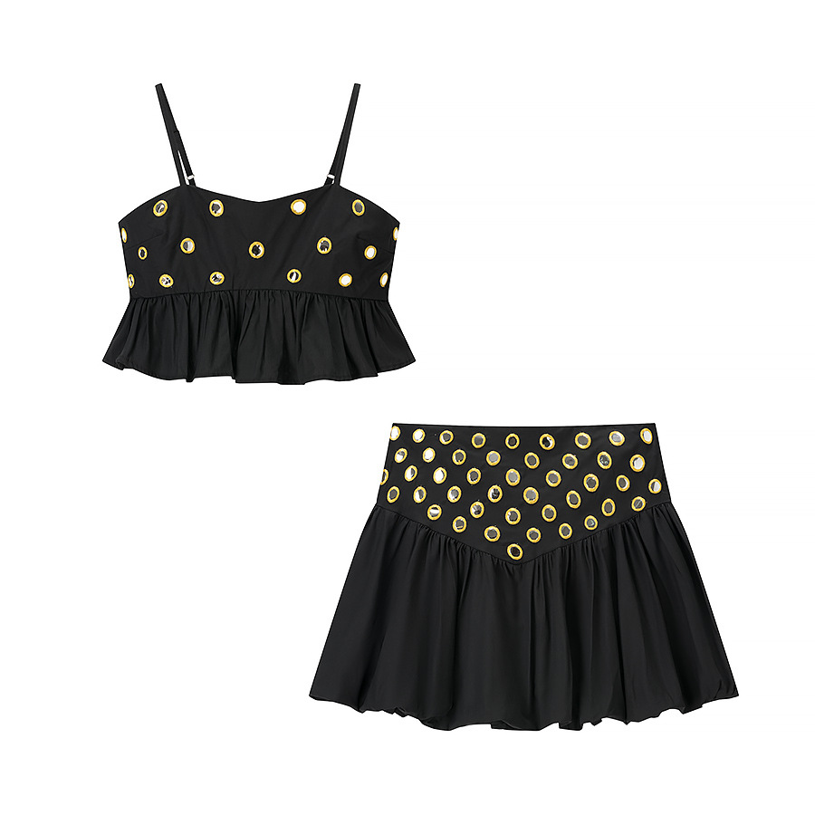 Summer 2026 2Pcs Set Metal Decor Ruched Cami Top & Mini Skirt Women Party Streetwear
