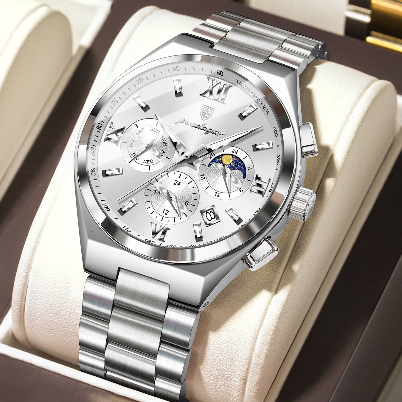 Luxury Chronograph 2026 Steel Mens POEDAGAR Stainless Moon Phase Designer Wristwatch Fashion Waterproof Luminous Business Quartz Watch